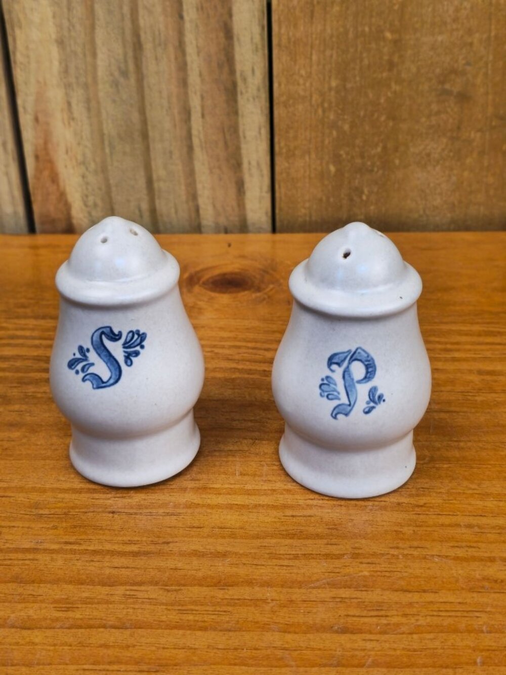 Vintage Ceramic Salt & Pepper Shaker Set With Blue Lettering 4-Inch Tall Farmhou